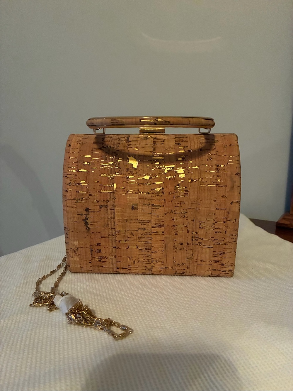 Cork Mini Handbag, Goldtone with beige and gold metallic shimmering pattern